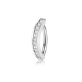 Macro detail of silver curved belly button ring with white zircon stones and metal shine - Silver Arc Buckle with Zirconia