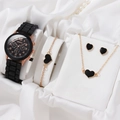 Five-piece women's jewelry set featuring a black strap watch and gold heart accessories - Without Box / Black + Heart Set