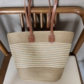 Straw tote bag featuring natural khaki weave and white stripes with brown leather straps - Narrow Stripe Khaki