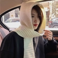 Chic beige knit hood scarf for women featuring thick texture and cozy winter design - Balaclava Scarf Hat-Beige