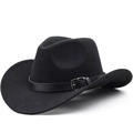 Classic black wool felt western cowboy hat with a leather belt and wide curved brim - M (56-58cm) / Black