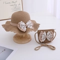 Kids straw sun hat and matching crossbody bag with pink lace bow and wavy brim - Coffee Set