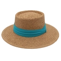 Chapeau de paille plat marron naturel avec un large ruban bleu paon élégant - Corps Kaki + Ruban Bleu