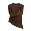 Deep brown sleeveless pleated top with padded shoulders and asymmetrical hem on white background - XS / Dark Brown