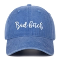 Detail of blue washed cotton baseball cap featuring white Bad Bitch script embroidery - Light Blue