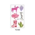 Pink and purple cowgirl temporary tattoo sheet with boots and hats, style TU-E80 - TU-E80