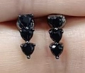 Three-heart black zircon drop earrings in dark metal finish, elegant dangled ear studs - Black Gold Plated Black Zirconia