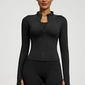 Slim fit black zip-up yoga jacket with stand collar and thumbholes for active women - S / Starry Black