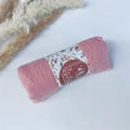 Pink pleated cotton scarf rolled with floral paper label and nature background - Style #26