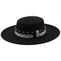 Elegant black flat top wool felt boater hat with pearl and rhinestone band detail - M (56-58cm) / 01 Black