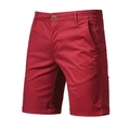 Detailed texture of red cotton casual shorts featuring a zip fly and button waist closure - Burgundy