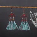 Bohemian tribal long fringe earrings with turquoise and red tassels on bronze metal - Hollow Triangle Tassel Earrings (H2980-2)