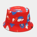 Detail of red bucket hat featuring colorful abstract brushstrokes and leopard print patterns - M (56-58cm) / Red