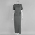 Detail view of grey knit two-piece set featuring short sleeve top and maxi skirt texture - S / Dark Gray
