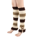 Close-up of striped knit leg warmers with decorative wood buttons and ribbed texture - One Size / Coffee Stripe