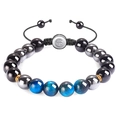 Bracelet ajustable en œil de tigre bleu et onyx 10mm avec breloque symbole Om - Oeil de Tigre Bleu Ciel + Perles Noires + Hématite + Symbole Om
