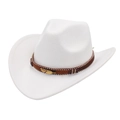 Detail of white felt cowboy hat with brown leather band and golden feather ornament - M (56-58cm) / White Cowboy (Gold Feather)