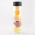 Set de 5 esponjas de maquillaje sin látex en varias formas y colores con bote transparente - 5 Unidades Tubo Serie Amarilla Corte Oblicuo