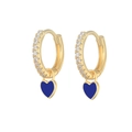 Detail of gold hoop earrings with blue heart charms and micro-pave cubic zirconia - Gold-Blue