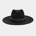 Detail of western fedora hat featuring a leather band with turquoise beads and a bull skull buckle - Antique Bronze Bull Skull with Leather & Turquoise Inlay (Color No. 8)