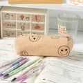 Beige corduroy pencil case with smiley face pattern and metal zipper closure - Khaki Heart-Eye Pencil Case