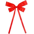 Close-up of a large red satin ribbon bow hair clip with elegant long trailing tails - Red