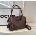 Deep brown nylon tote bag with leather trim and front zipper pocket detail - Coffee