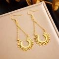 Elegant gold titanium steel sunburst fringe earrings with geometric chain pendant - Sun Radiating Pattern Style (E5777 Gold)
