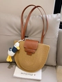 Brown semicircular woven cotton shoulder bag with leather strap and duck charm - Coffee Half Moon With Duck Pendant
