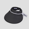 Detail of black woven sun visor with elegant white pearl trim and brand inner label - One Size / Black