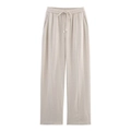 Minimalist beige linen blend wide leg casual trousers with drawstring elastic waistband - Light Gray