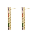 Macro detail of 18K gold plated drop earrings with multi-color rainbow square cut gemstones - Bar / Gold