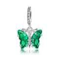 Macro shot of silver butterfly charm with emerald green crystals and S925 engraving - Emerald Green