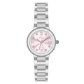 Women's silver stainless steel watch with small pink sunray dial and crystal markers - Red