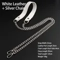 White PU leather and silver metal chain strap with lobster clasps, 125cm length - White Leather with Silver Chain