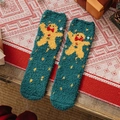 Thick green Christmas coral fleece socks with yellow gingerbread man and small red bow - One Size / Yellow Gingerbread Man