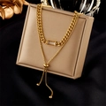 Double-layer gold plated necklace with rectangular pendant and adjustable slider chain - Gold