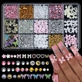 Detailed view of 15-compartment nail art kit with resin bows and assorted pearls - 15 Grids Mix 01 (Pink Rhinestone & Bow)