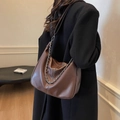 Brown leather large capacity hobo shoulder bag with silver chain and wide strap - Coffee