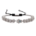 Hamsa-Hand Armband mit 8mm Zirkon-Kugel und verstellbarem schwarzen Geflecht - Silber
