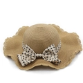 Straw sun hat with large wavy brim and black and white checkered bow decoration - M(56-58cm) / Khaki