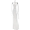 Detail of elegant white one-shoulder satin maxi dress with a long side sleeve on a mannequin - S / White