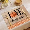 Fall placemat with pumpkin LOVE design and orange check pattern for dining - Wood Plaid LOVE lives here