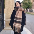 Brown and black plaid scarf with fringe tassels in a soft cashmere-like blend - Checked Coffee