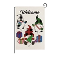 Christmas garden flag with three festive gnomes and red plaid patterns on linen - Style ZQ008-8 (Welcome Gnomes)