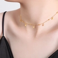 Golden pendant necklace with freshwater pearl and shell worn on model neck - P1534-Gold Disc Pendant Necklace