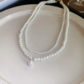 Double-layer pearl necklace with large round pearl pendant and gold-plated finish - 21# Necklace-White Double Layer Pearl-Zircon Single Large Pearl Pendant