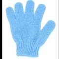 Exfoliating five-finger bath glove in blue with textured surface and elastic wrist cuff - Light Blue