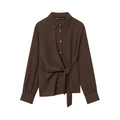 Women's chocolate brown knot crepe blouse and straight pants set on white background - XS / Tops