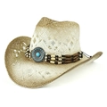 Retro hollow straw western cowboy hat with ethnic turquoise ornament and wide brim - Adult 58cm One Size / Off-white Hollow